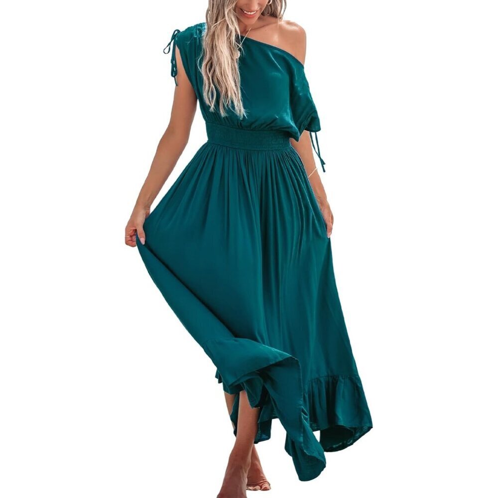 Women's Rayon Maxi Dress Smocked Ruffled Sleeveless Beach Casual Formal